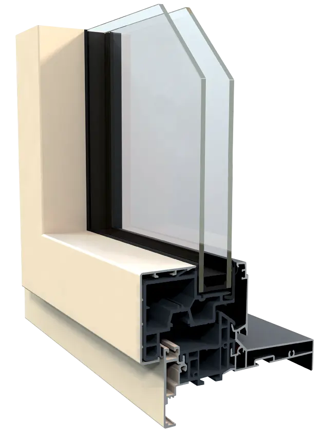 Coupe technique du dormant et ouvrant de fenêtre en aluminium beige, montrant le double vitrage pour une haute performance thermique