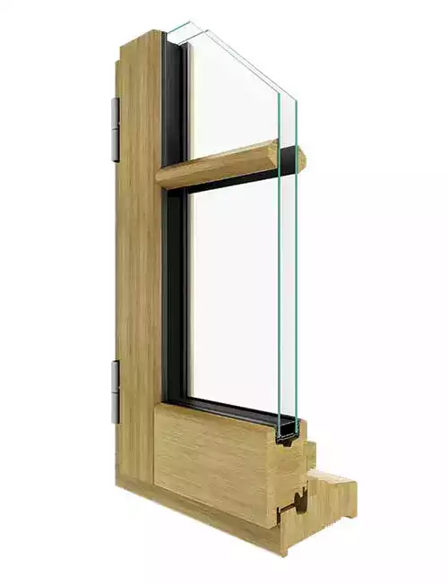 Coupe technique d'un profil de fenêtre en bois massif à double vitrage pour une isolation naturelle et durable