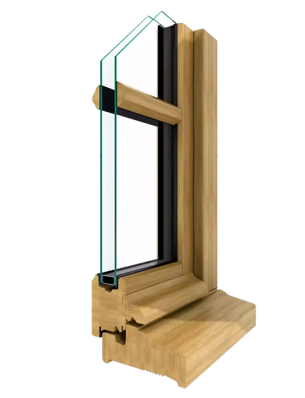 Coupe technique d'un profil de fenêtre en bois massif, avec moulures et double vitrage, adaptée à la rénovation traditionnelle