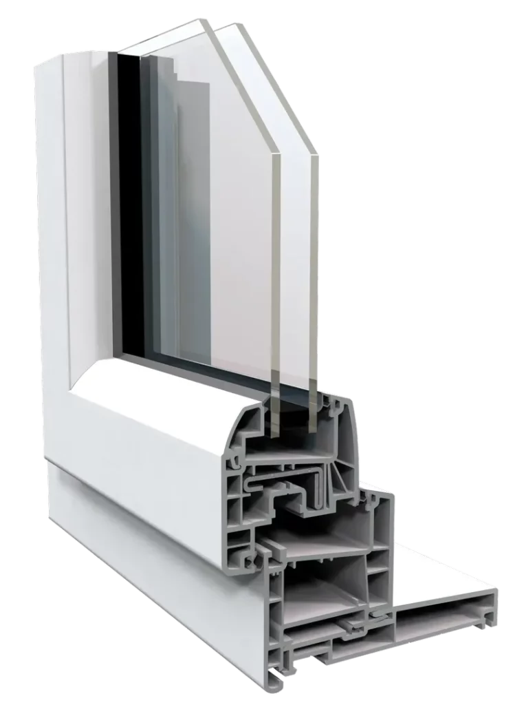 Détail du profilé d'une fenêtre PVC à double vitrage, montrant l'isolation thermique à Pau