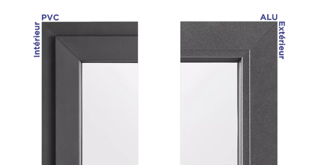 Comparaison en gros plan entre le profil de fenêtre en PVC et en Aluminium, montrant les cadres de menuiserie à rupture de pont thermique à Pau