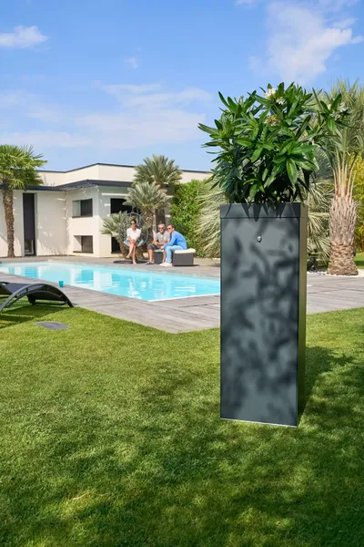 Borne anti-moustique professionnelle installée sur une terrasse en bois près d'une piscine. Protège les occupants du jardin à Pau.