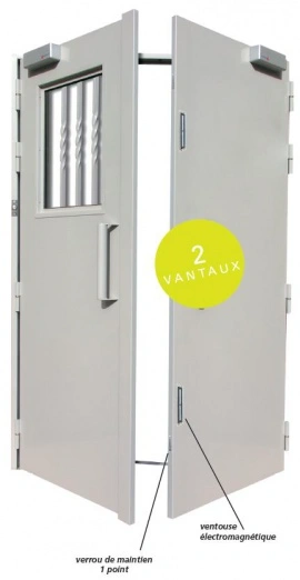 Porte technique blindée double vantaux grise, avec système de sécurité par ventouse électromagnétique et verrou de maintien 1 point