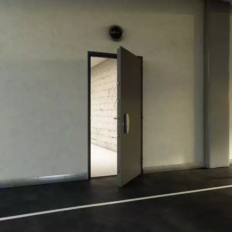 Porte technique de sécurité blindée grise de classification CR4, installée dans un mur en béton d'un entrepôt.