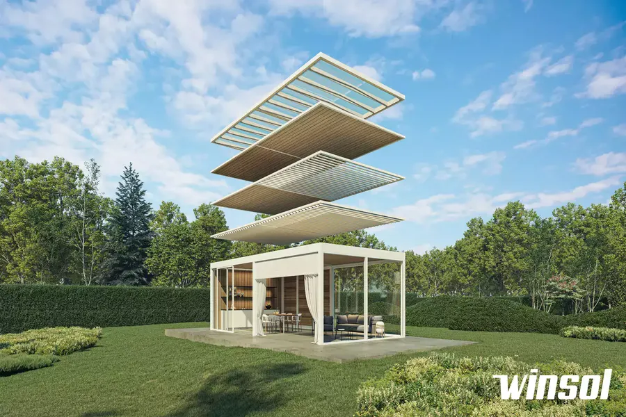 Schéma décomposé des options de toiture de pergola : toit en verre, toit en lames orientables, toit en toile rétractable. Présentation des pergolas Winsol à Pau