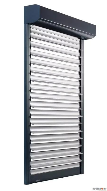 Volet roulant électrique à lames orientables en aluminium gris, idéal pour la fonction brise-soleil et l'aération.