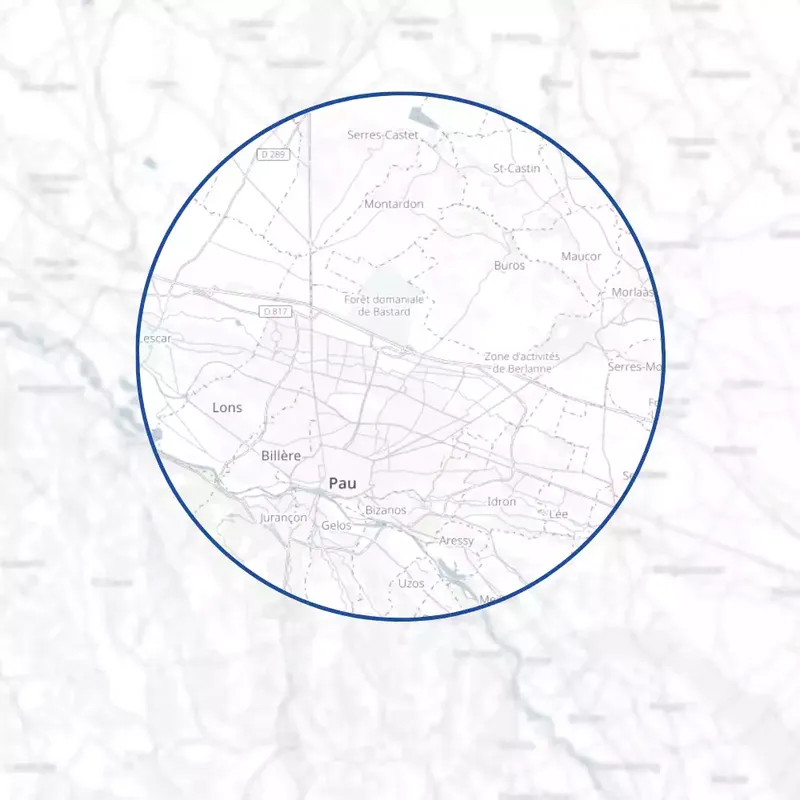 Carte de la zone d'intervention de Pontacq Larregain entreprise de volets à Pau et agglomération